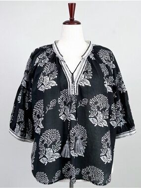 Alamwar India XL Black Floral Block Prink Bohemian Tassel Tie Cotton Blouse NWT